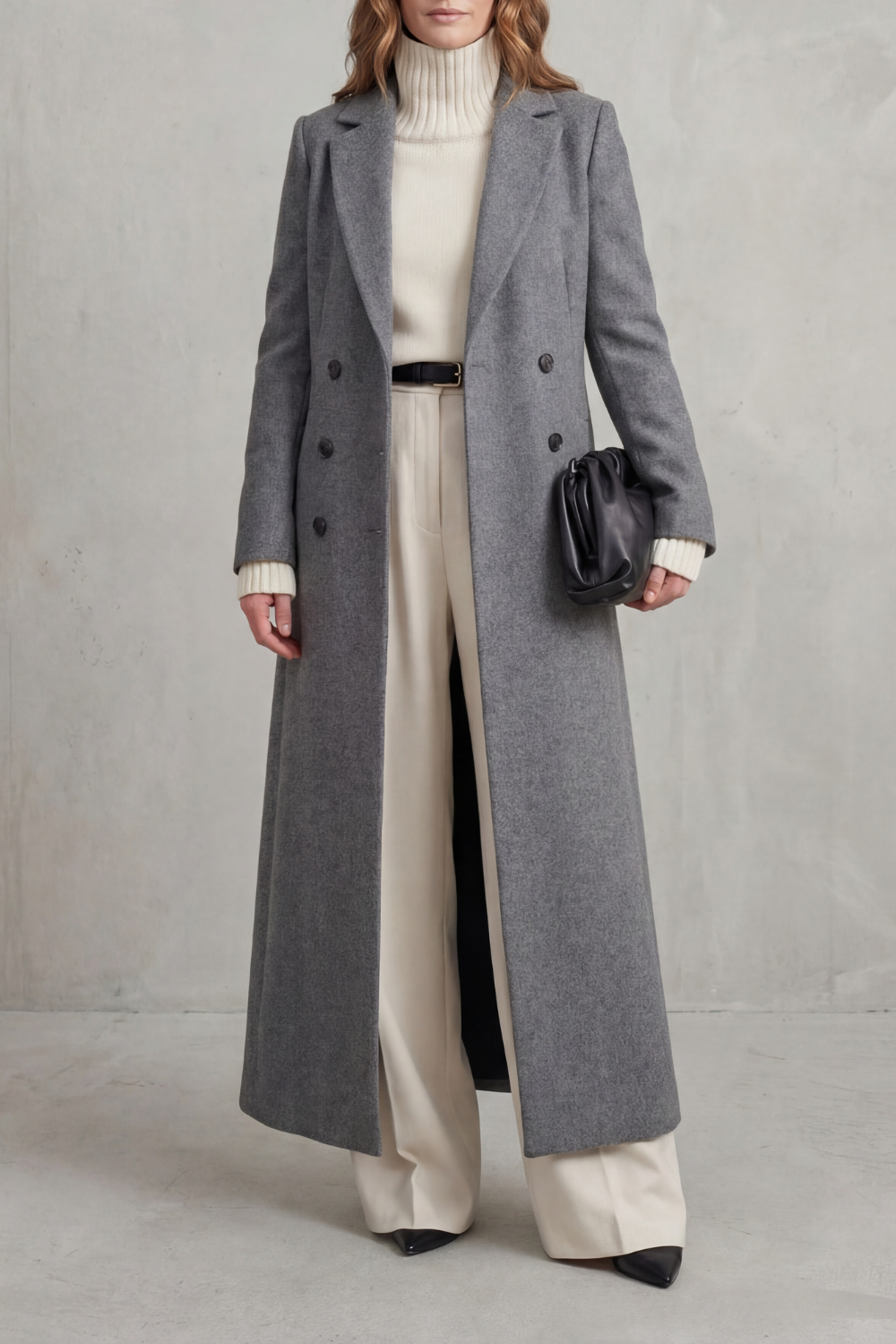 Long Wool Coat Black Women's Double-Breasted Maxi Overcoat – Office, Winter Casual