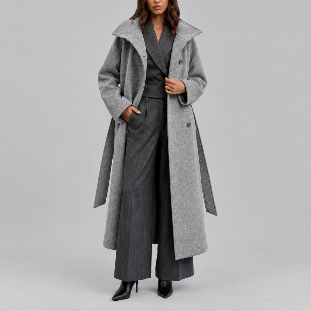 Long Wrap Coat Wool-Blend Belted Grey Women's High Collar – Casual, Office, Winter, Holiday Gift