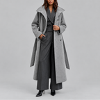 Long Wrap Coat Wool-Blend Belted Grey Women's High Collar – Casual, Office, Winter, Holiday Gift