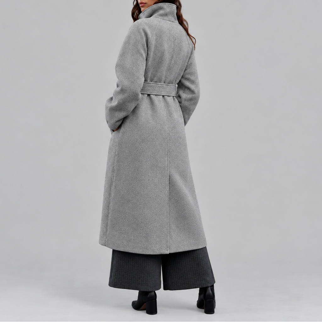 Long Wrap Coat Wool-Blend Belted Grey Women's High Collar – Casual, Office, Winter, Holiday Gift