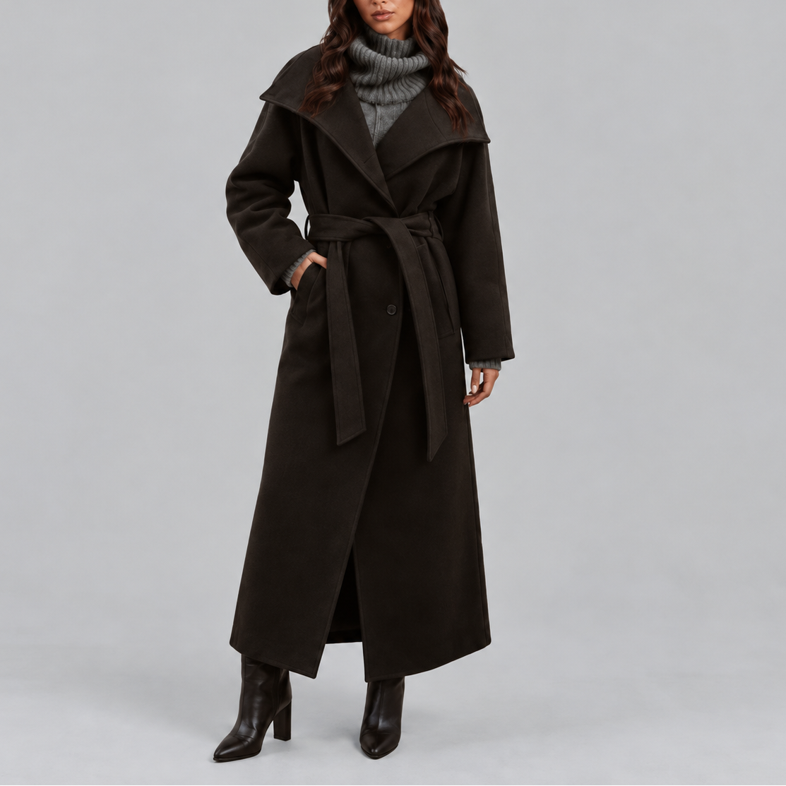 Long Wrap Coat Wool-Blend Belted Grey Women's High Collar – Casual, Office, Winter, Holiday Gift