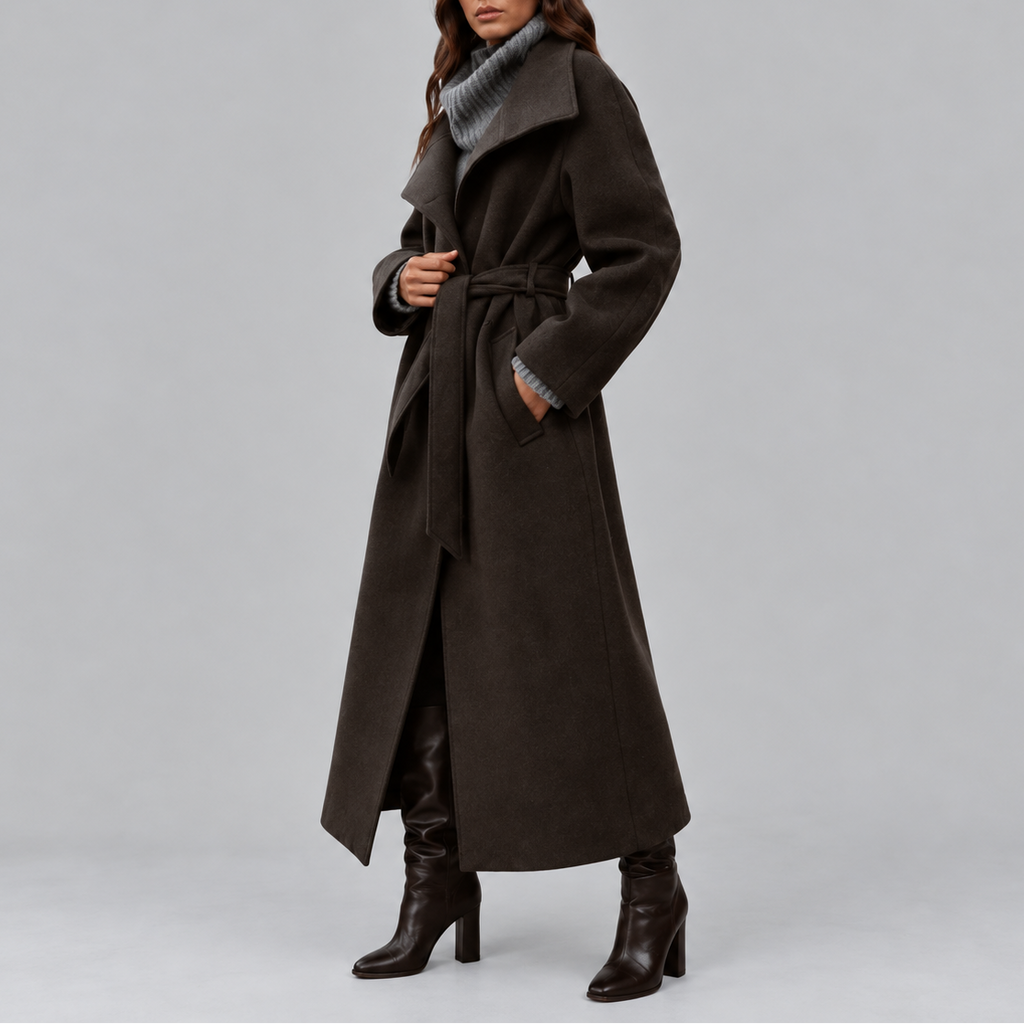Long Wrap Coat Wool-Blend Belted Grey Women's High Collar – Casual, Office, Winter, Holiday Gift