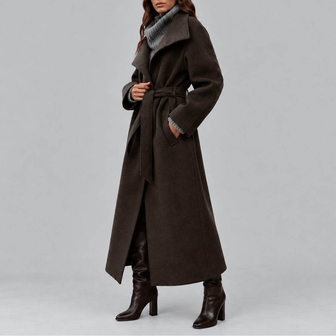 Long Wrap Coat Wool-Blend Belted Grey Women's High Collar – Casual, Office, Winter, Holiday Gift