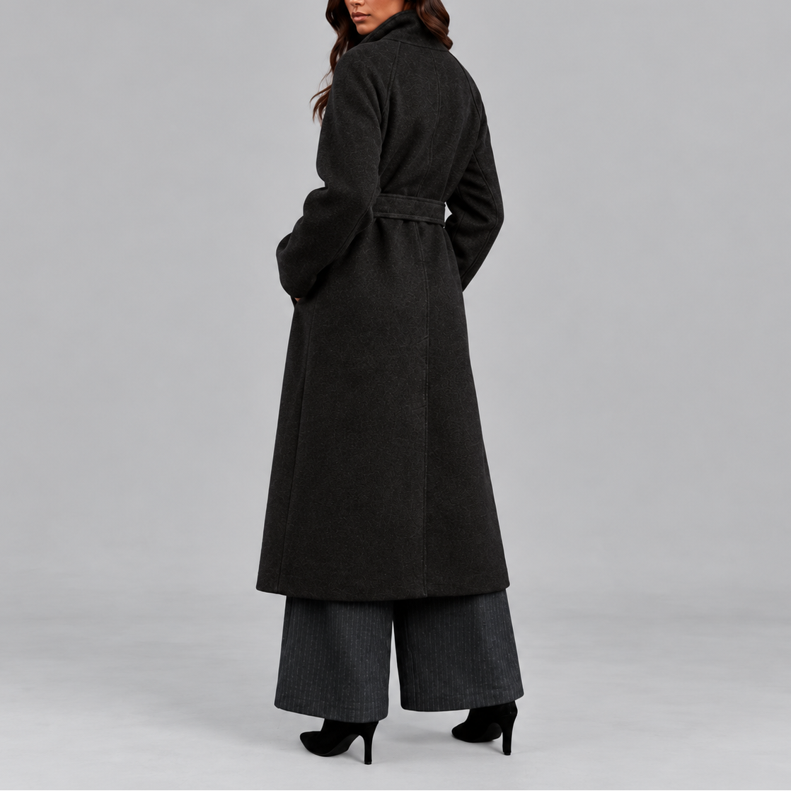 Long Wrap Coat Wool-Blend Belted Grey Women's High Collar – Casual, Office, Winter, Holiday Gift