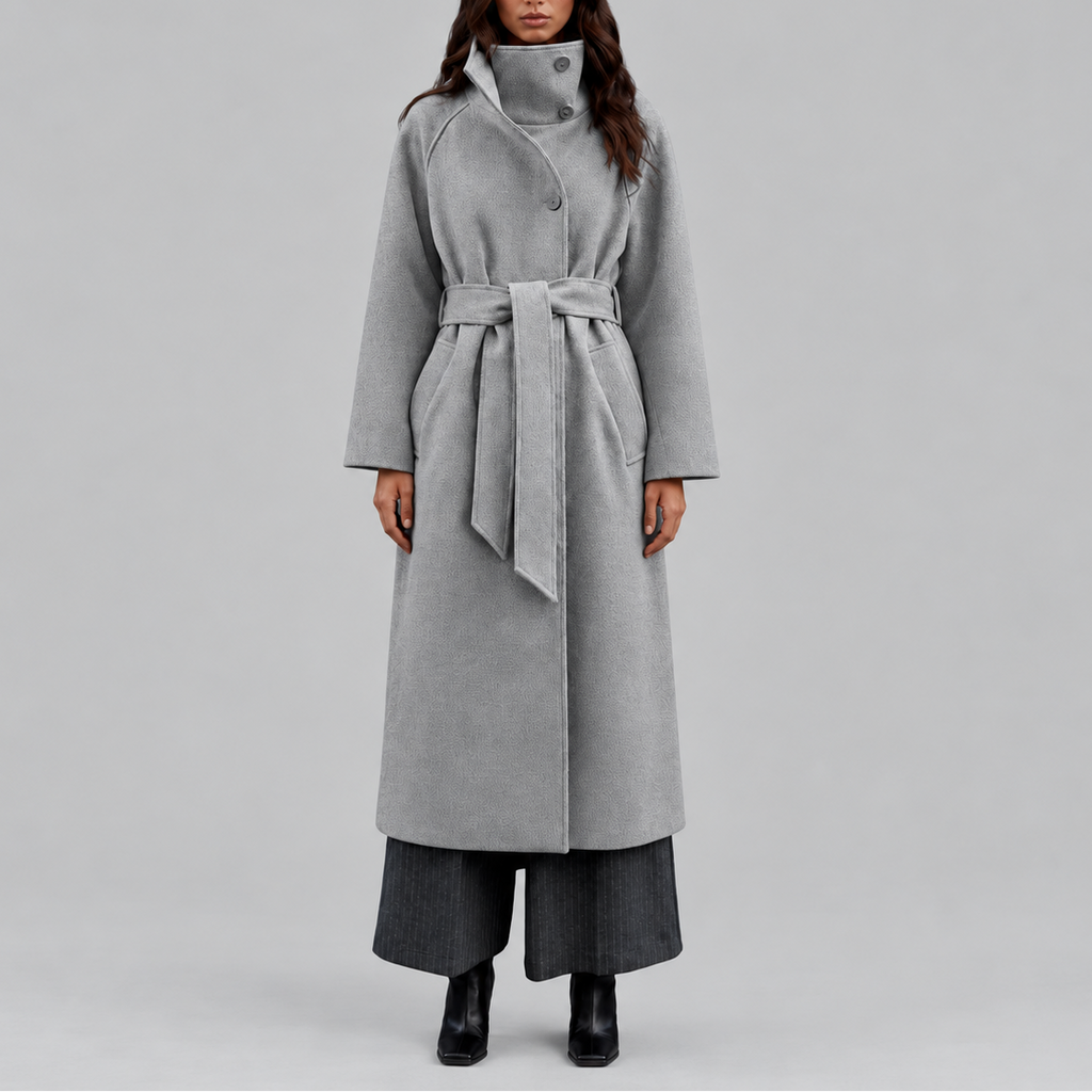 Long Wrap Coat Wool-Blend Belted Grey Women's High Collar – Casual, Office, Winter, Holiday Gift