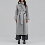 Long Wrap Coat Wool-Blend Belted Grey Women's High Collar – Casual, Office, Winter, Holiday Gift
