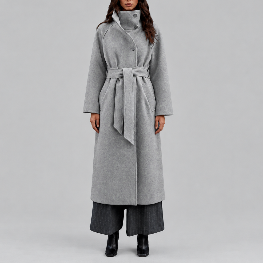 Long Wrap Coat Wool-Blend Belted Grey Women's High Collar – Casual, Office, Winter, Holiday Gift