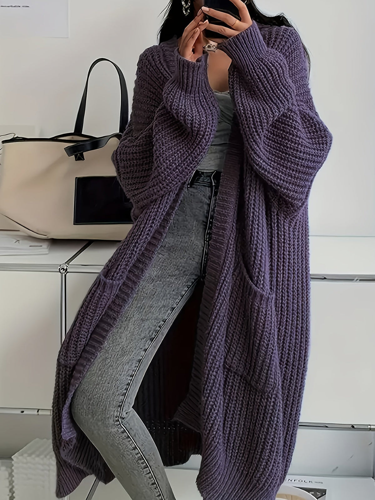 Longline Cardigan Chunky Cable Knit Grey Women's Open Front – Casual, Office · Werune