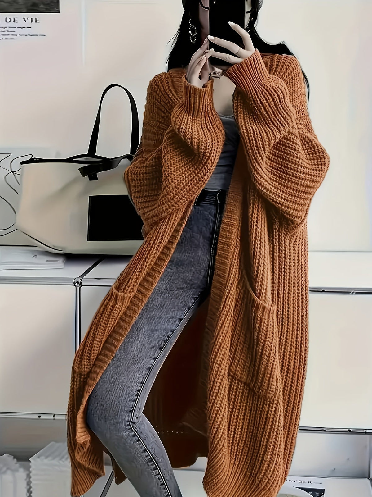 Longline Cardigan Chunky Cable Knit Grey Women's Open Front – Casual, Office · Werune