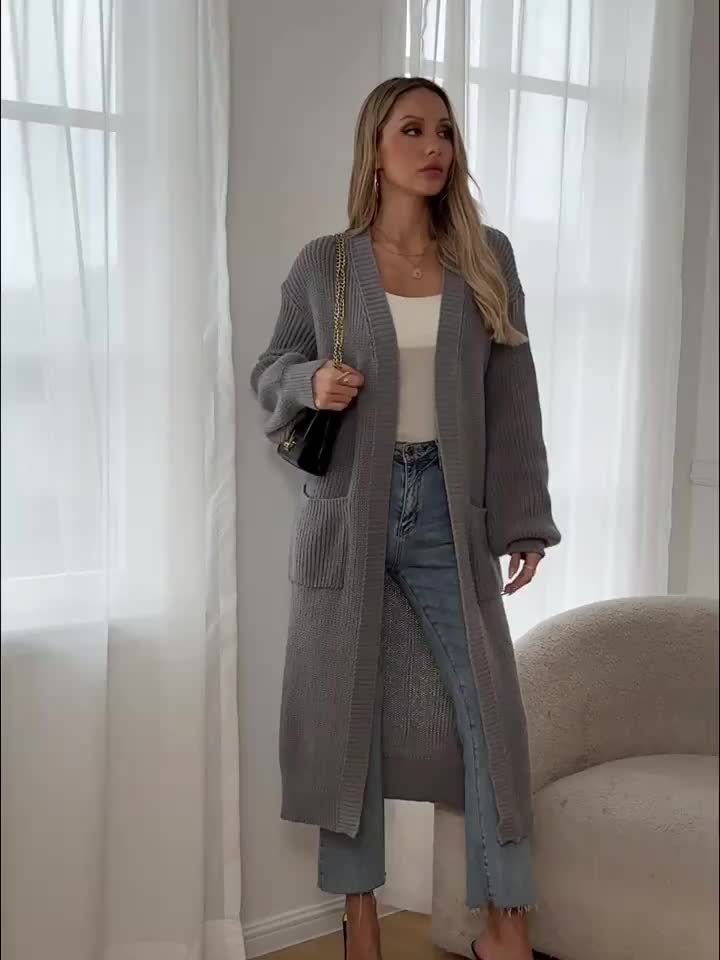 Longline Cardigan Chunky Cable Knit Grey Women's Open Front – Casual, Office · Werune