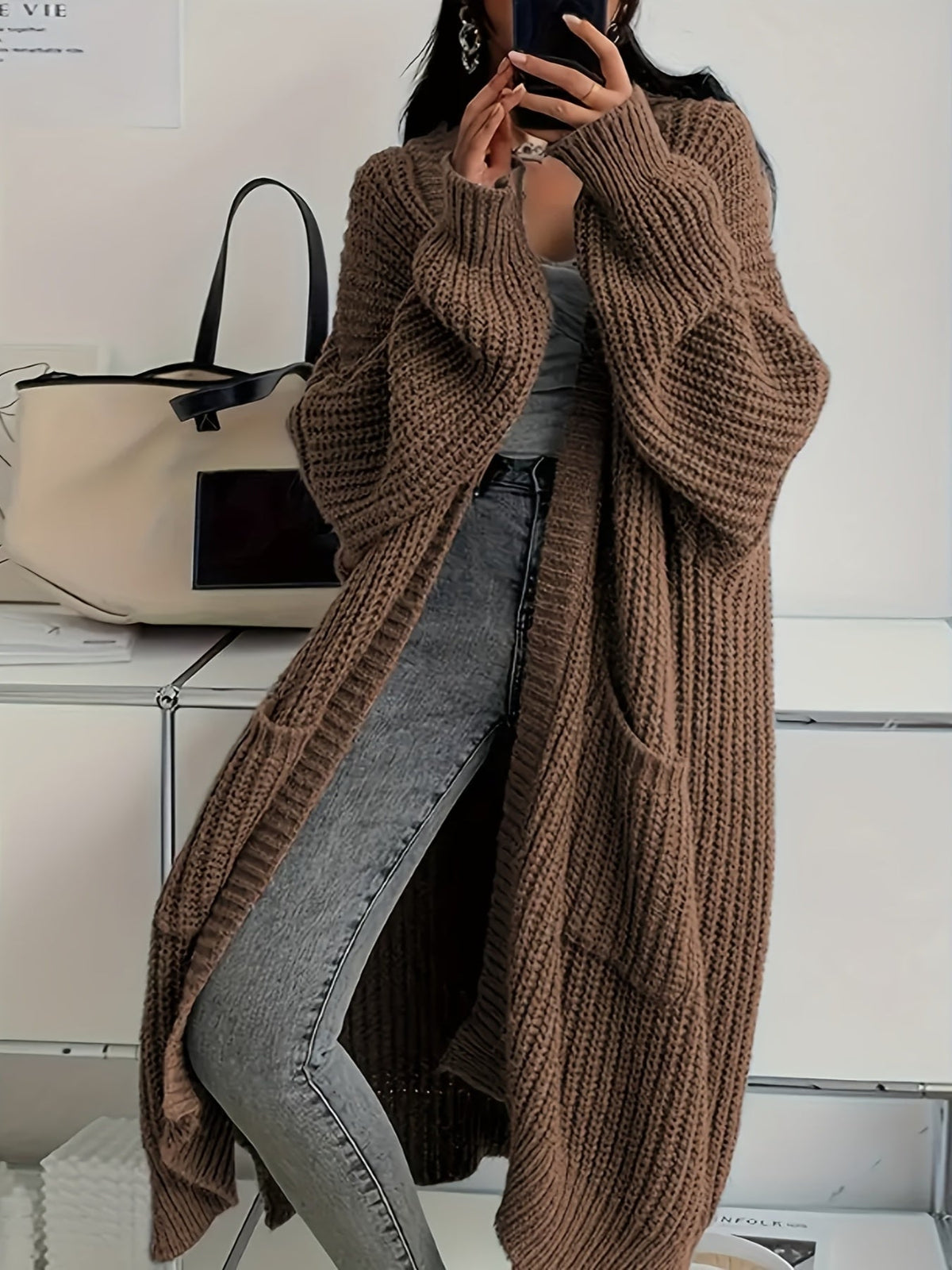 Longline Cardigan Chunky Cable Knit Grey Women's Open Front – Casual, Office · Werune