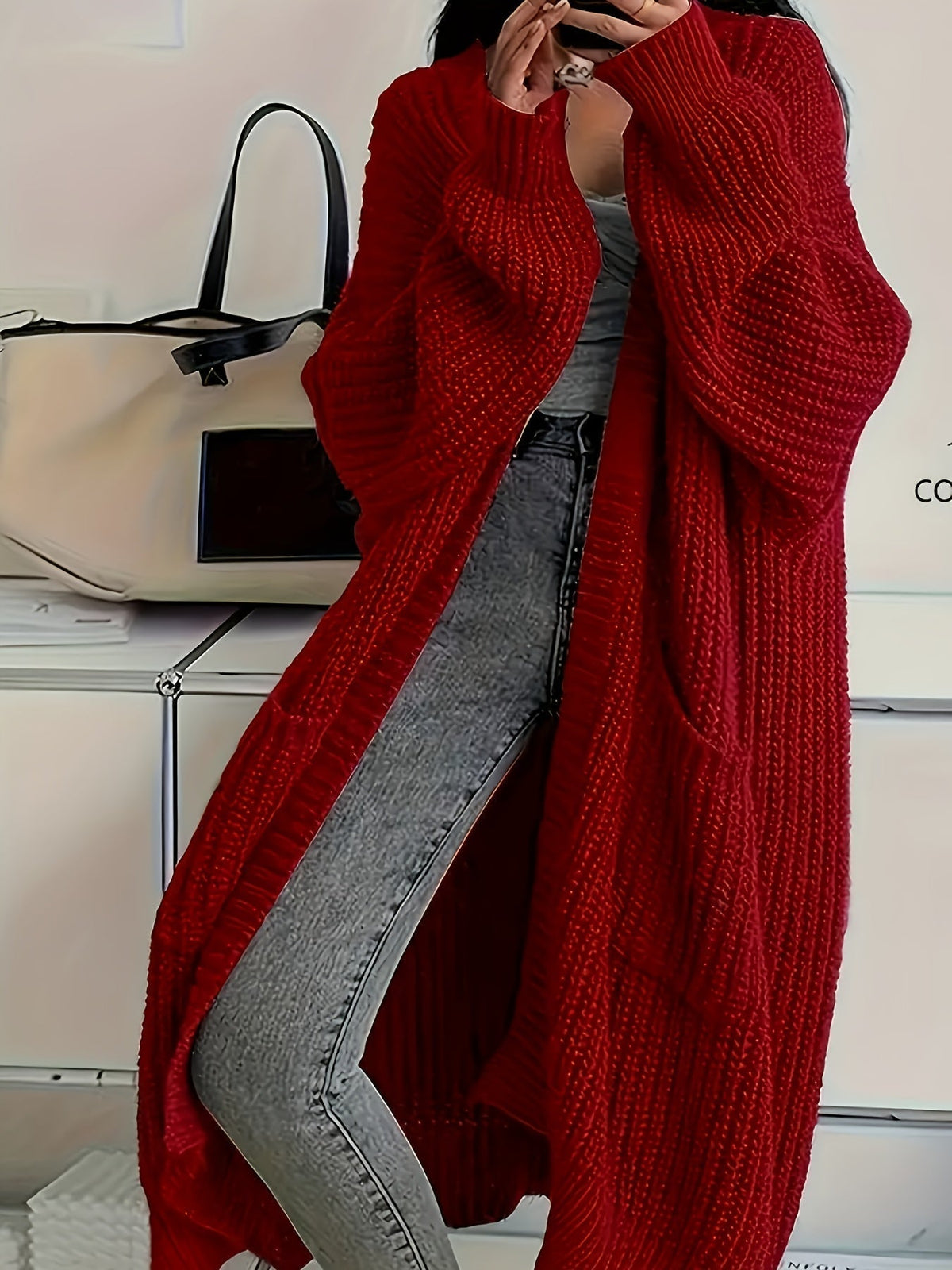 Longline Cardigan Chunky Cable Knit Grey Women's Open Front – Casual, Office · Werune