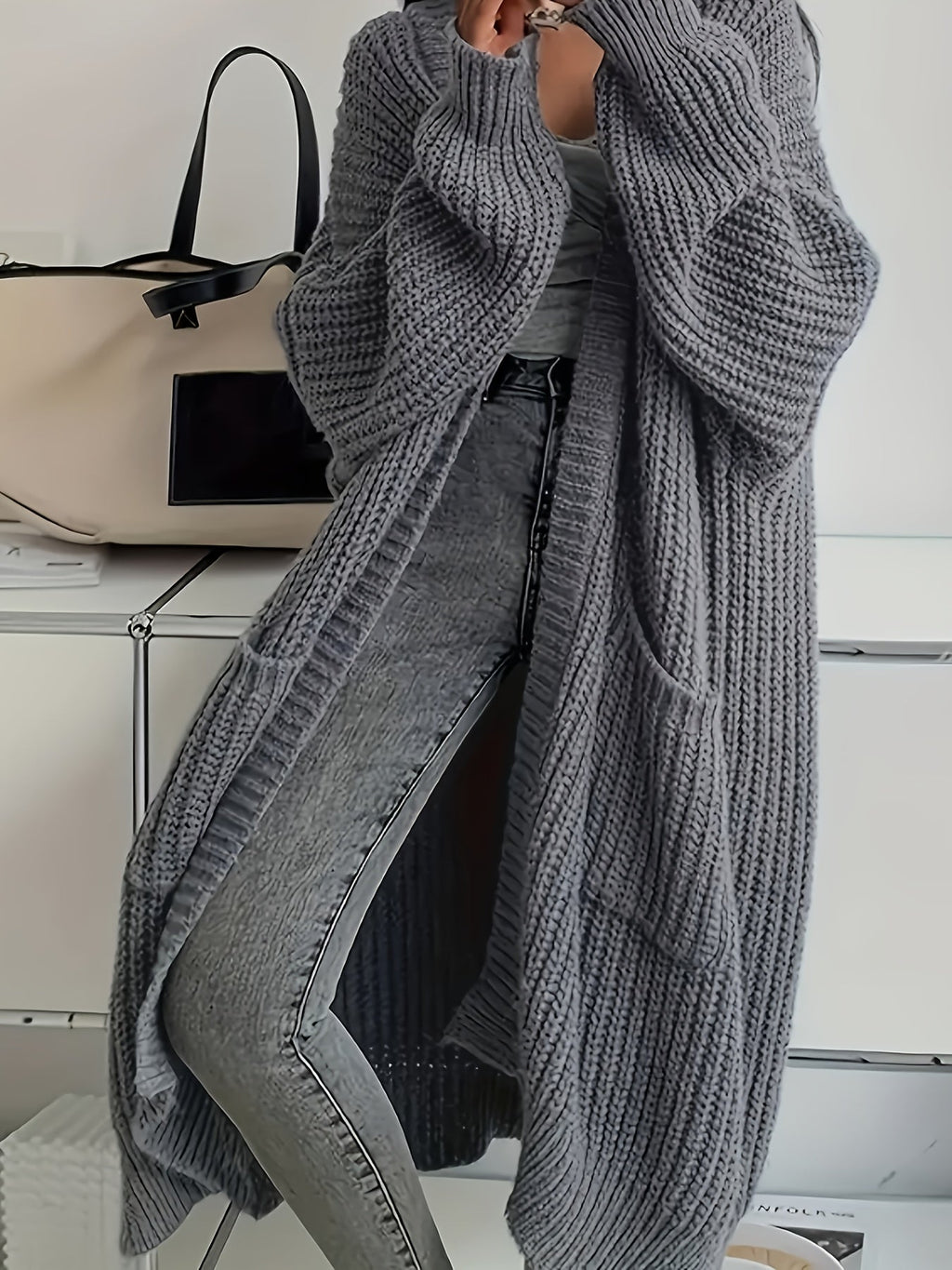 Longline Cardigan Chunky Cable Knit Grey Women's Open Front – Casual, Office · Werune