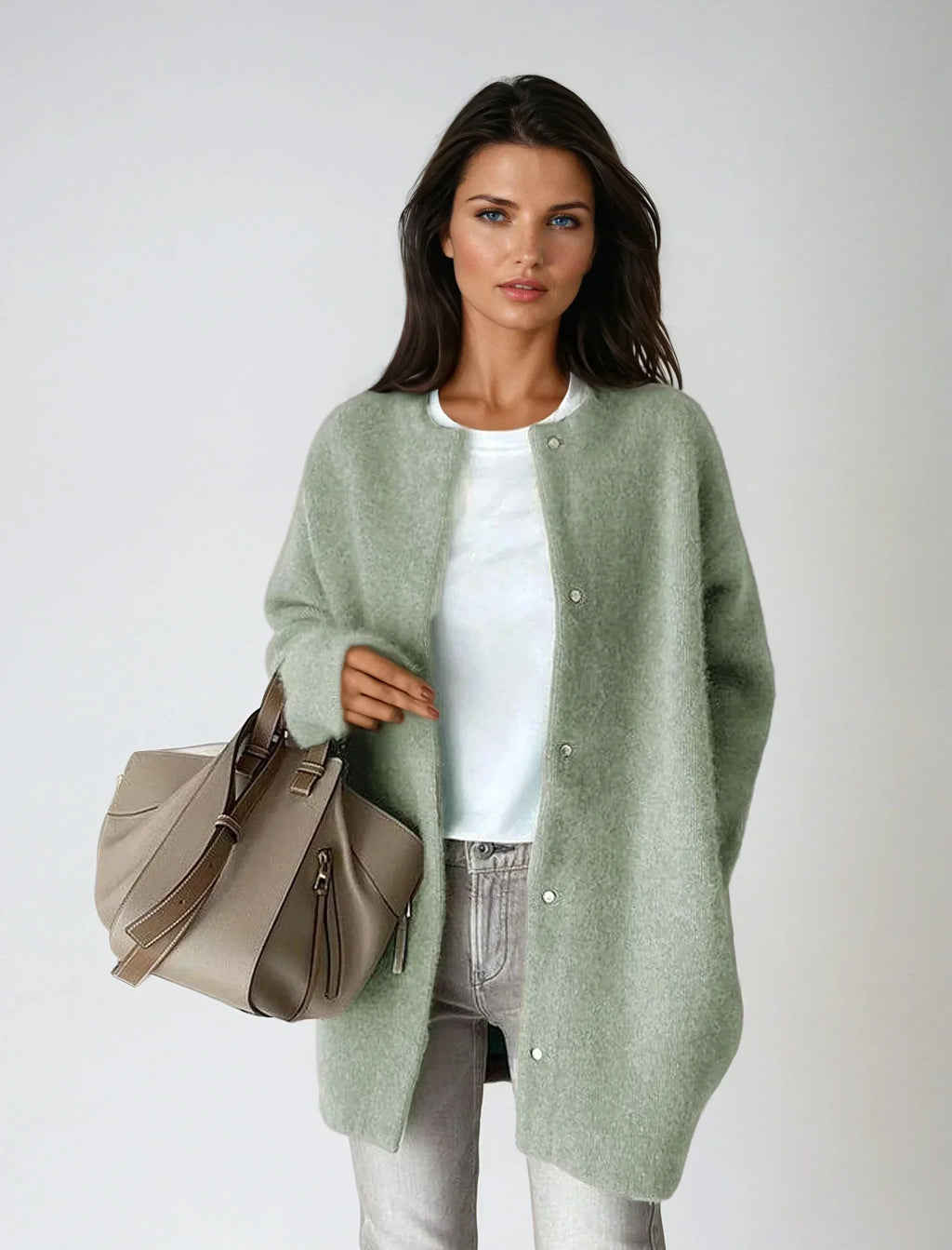 Longline Cardigan Wool Blend Women's Beige Button-Up – Casual, Office · Werune