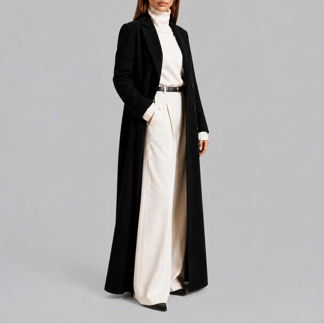 Longline Coat Black Double-Breasted Women's Wool-Blend Maxi Overcoat – Office, Winter Casual, Gift