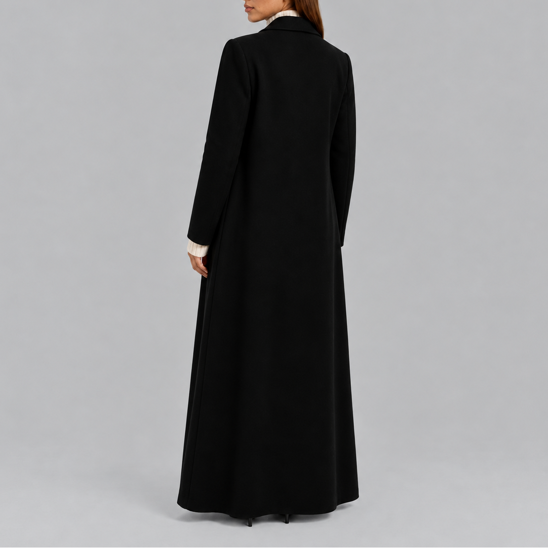 Longline Coat Black Double-Breasted Women's Wool-Blend Maxi Overcoat – Office, Winter Casual, Gift