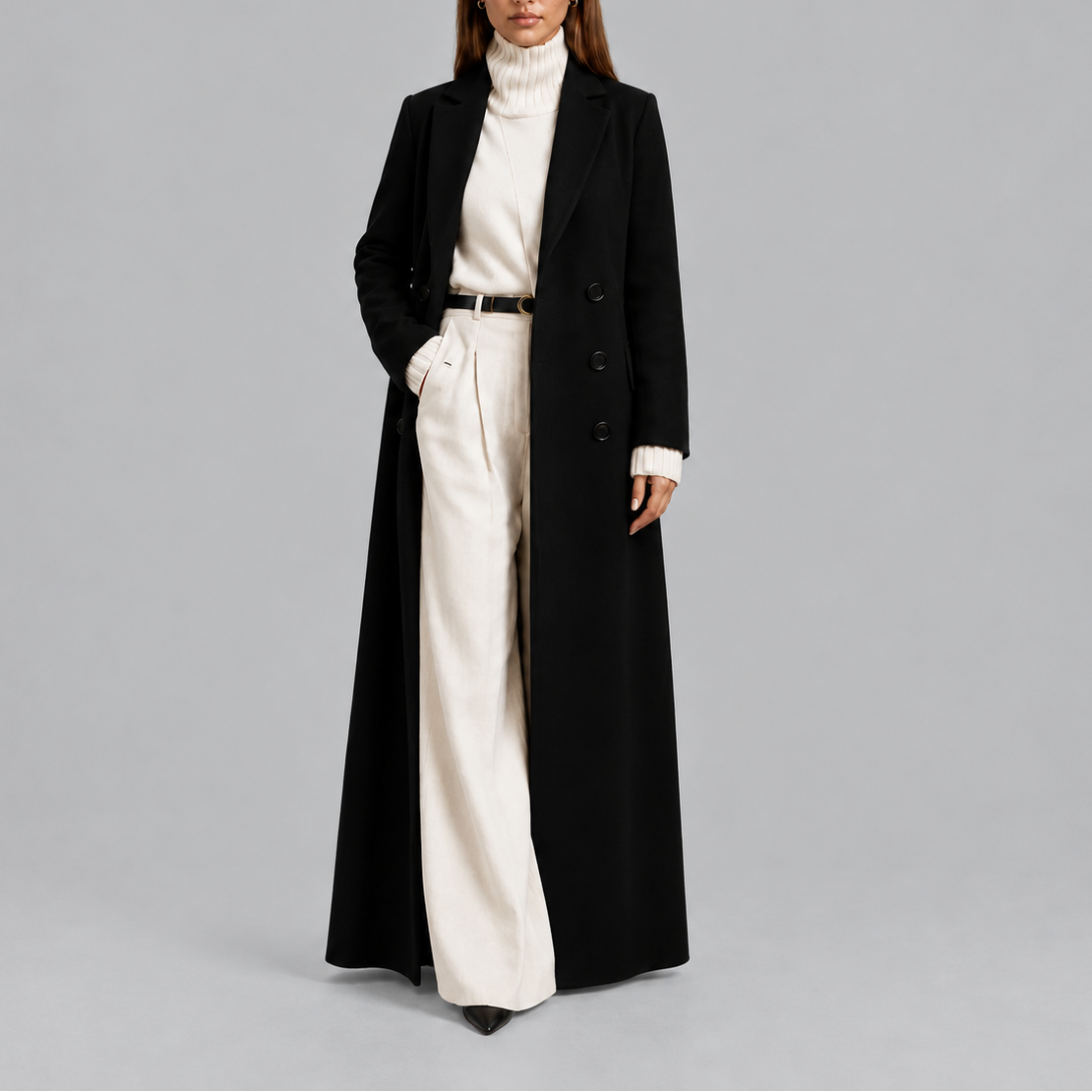 Longline Coat Black Double-Breasted Women's Wool-Blend Maxi Overcoat – Office, Winter Casual, Gift