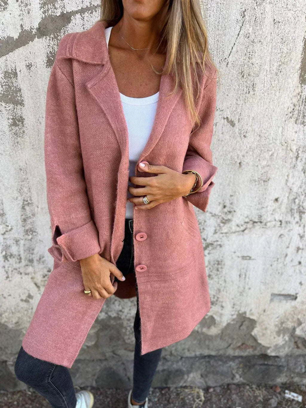 Longline Coat Knitted Pink Women's Lapel Button-Up – Casual, Office, Autumn Layering, Gift