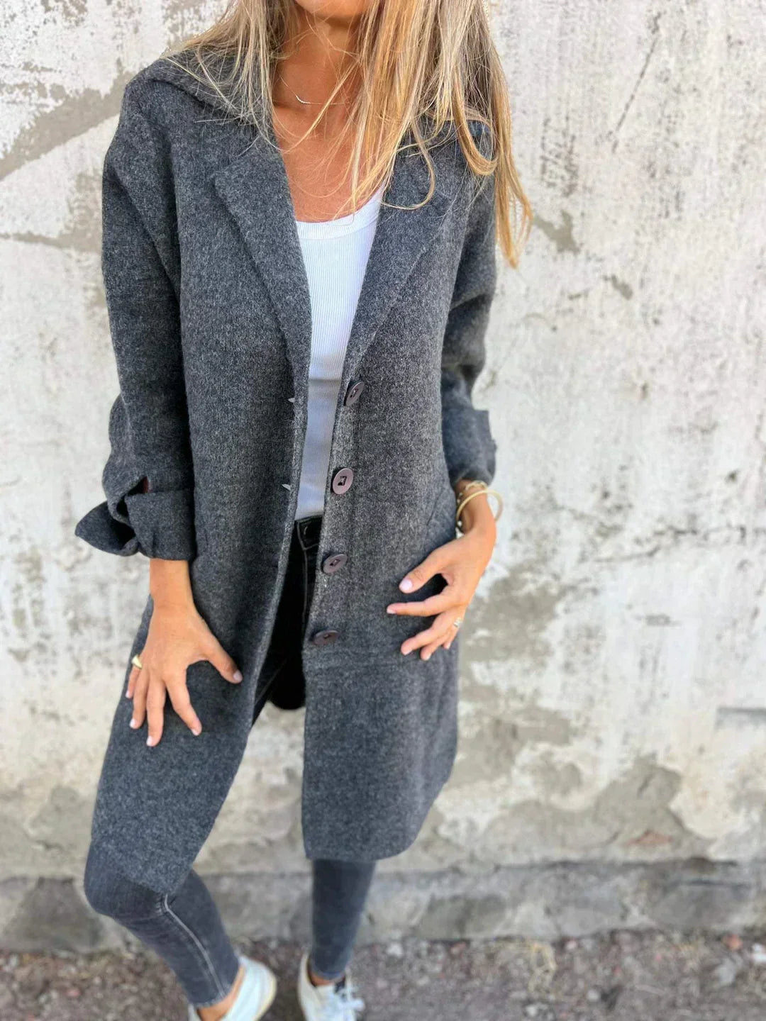 Longline Coat Knitted Pink Women's Lapel Button-Up – Casual, Office, Autumn Layering, Gift
