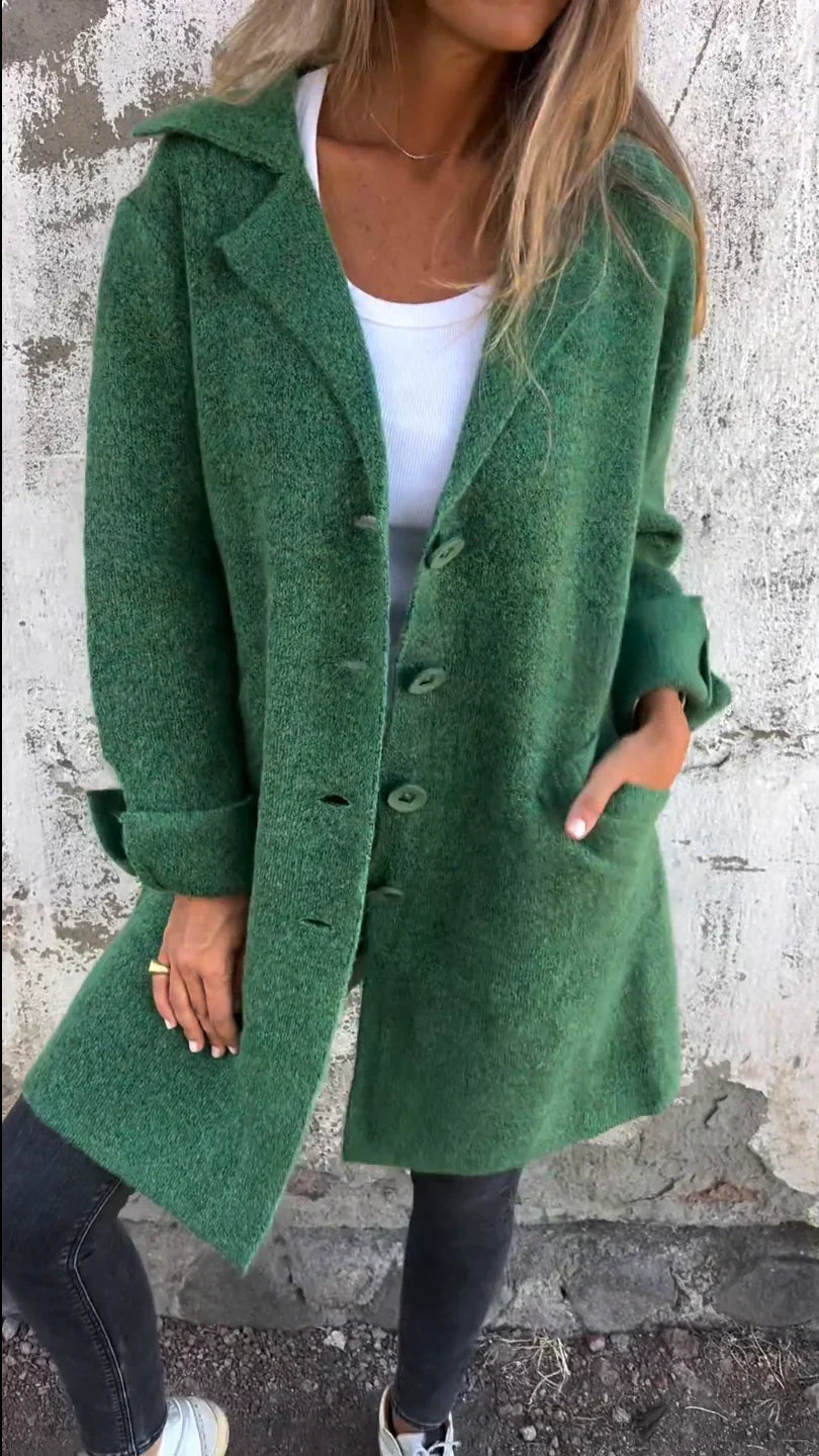 Longline Coat Knitted Pink Women's Lapel Button-Up – Casual, Office, Autumn Layering, Gift