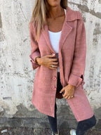 Longline Coat Knitted Pink Women's Lapel Button-Up – Casual, Office, Autumn Layering, Gift