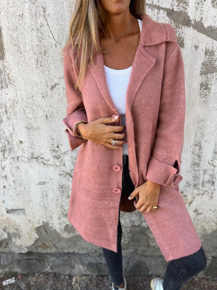 Longline Coat Knitted Pink Women's Lapel Button-Up – Casual, Office, Autumn Layering, Gift