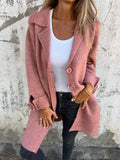 Longline Coat Knitted Pink Women's Lapel Button-Up – Casual, Office, Autumn Layering, Gift