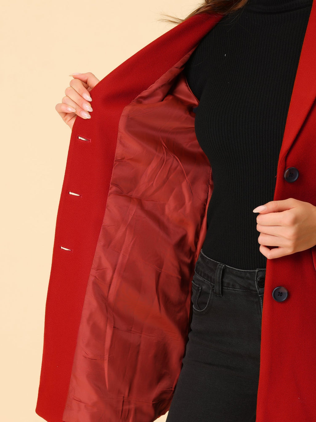 Longline Coat Red Notch Collar Women's Single-Breasted Overcoat – Office, Casual, Winter, Gift