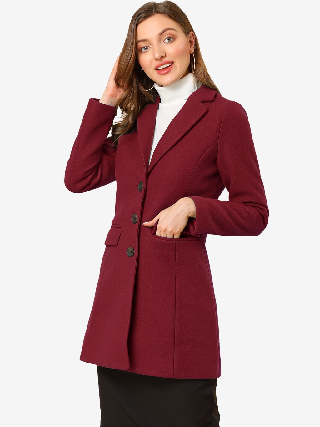 Longline Coat Red Notch Collar Women's Single-Breasted Overcoat – Office, Casual, Winter, Gift