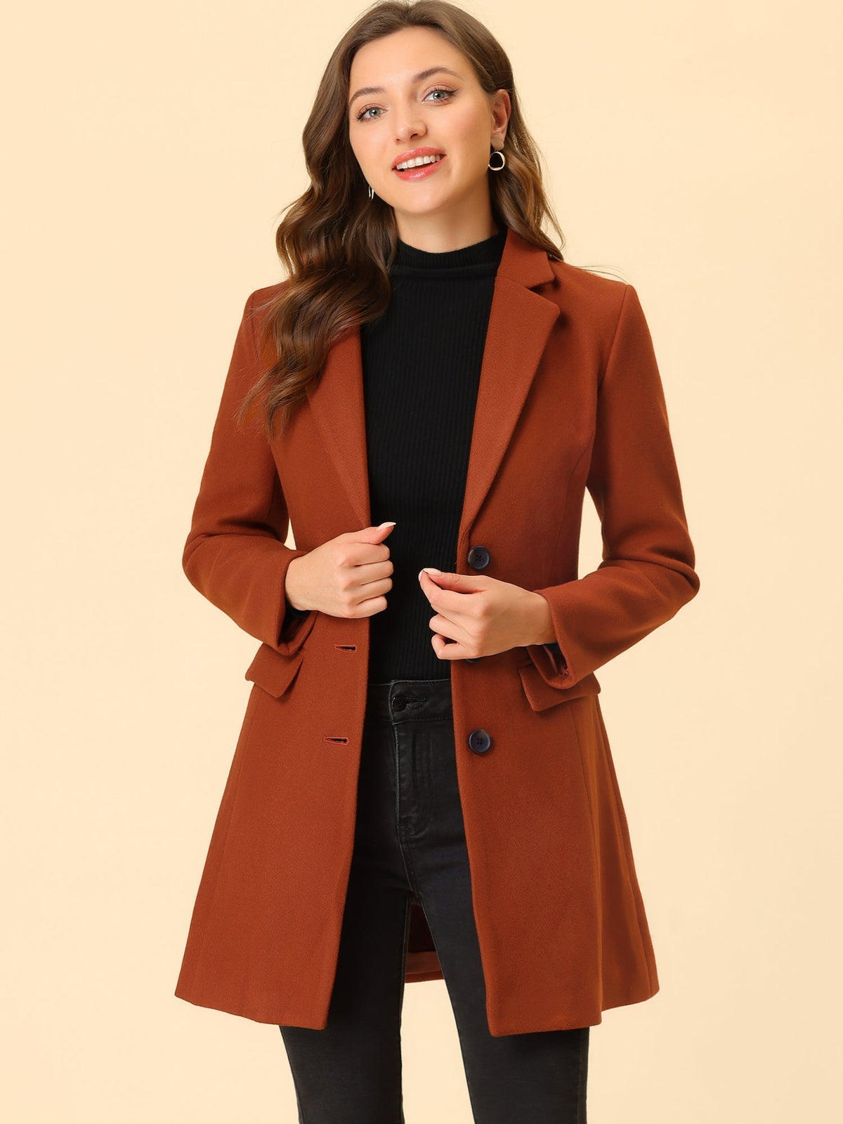 Longline Coat Red Notch Collar Women's Single-Breasted Overcoat – Office, Casual, Winter, Gift