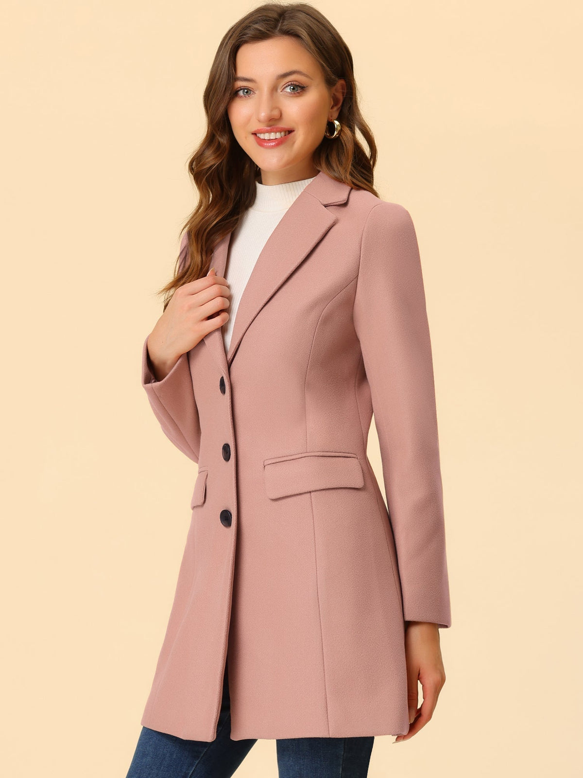 Longline Coat Red Notch Collar Women's Single-Breasted Overcoat – Office, Casual, Winter, Gift