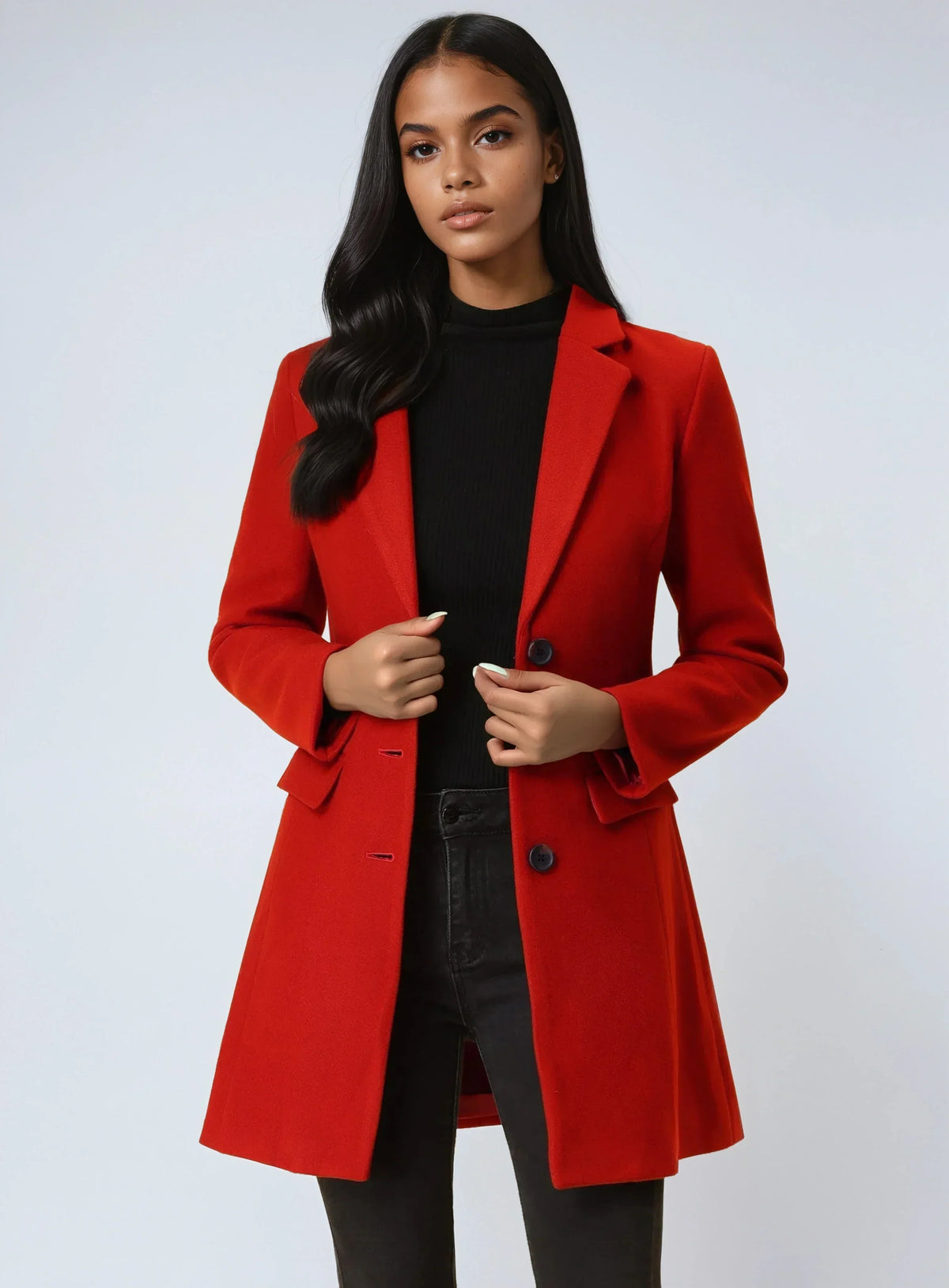 Longline Coat Red Notch Collar Women's Single-Breasted Overcoat – Office, Casual, Winter, Gift