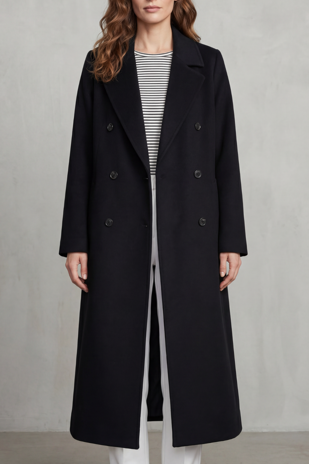 Longline Coat Wool Blend Double-Breasted Black Women's – Office, Casual, Winter, Gift