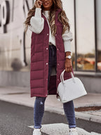 Longline Padded Vest Hooded Sleeveless Gilet Burgundy Women's – Casual, Winter Outdoor Layering