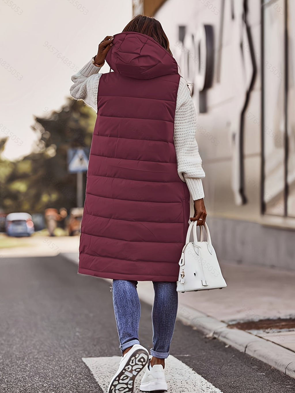Longline Padded Vest Hooded Sleeveless Gilet Burgundy Women's – Casual, Winter Outdoor Layering