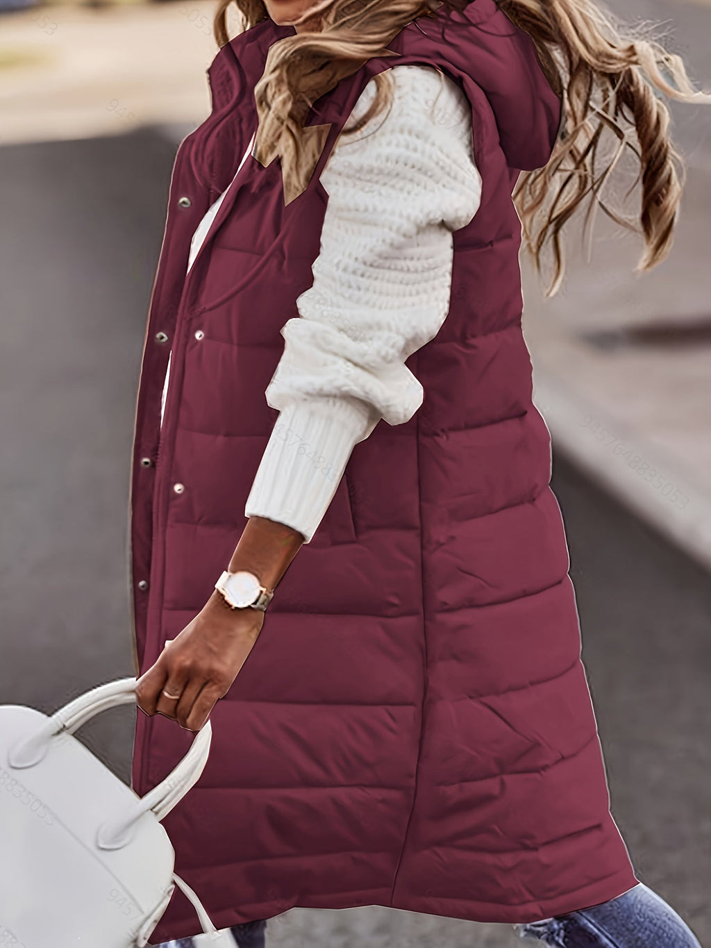 Longline Padded Vest Hooded Sleeveless Gilet Burgundy Women's – Casual, Winter Outdoor Layering