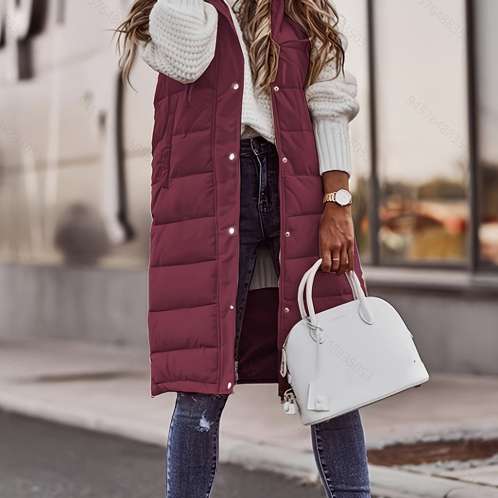 Longline Padded Vest Hooded Sleeveless Gilet Burgundy Women's – Casual, Winter Outdoor Layering