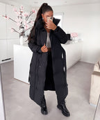 Longline Puffer Coat Black Quilted Belted Women's – Winter, Casual, Office, Holiday