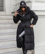 Longline Puffer Coat Black Quilted Belted Women's – Winter, Casual, Office, Holiday