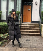 Longline Puffer Coat Black Quilted Belted Women's – Winter, Casual, Office, Holiday
