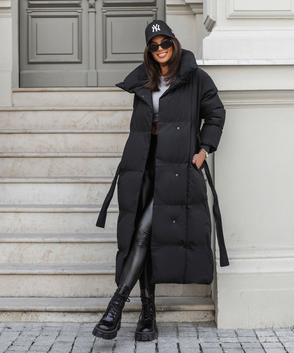 Longline Puffer Coat Black Quilted Belted Women's – Winter, Casual, Office, Holiday