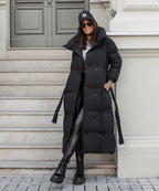 Longline Puffer Coat Black Quilted Belted Women's – Winter, Casual, Office, Holiday