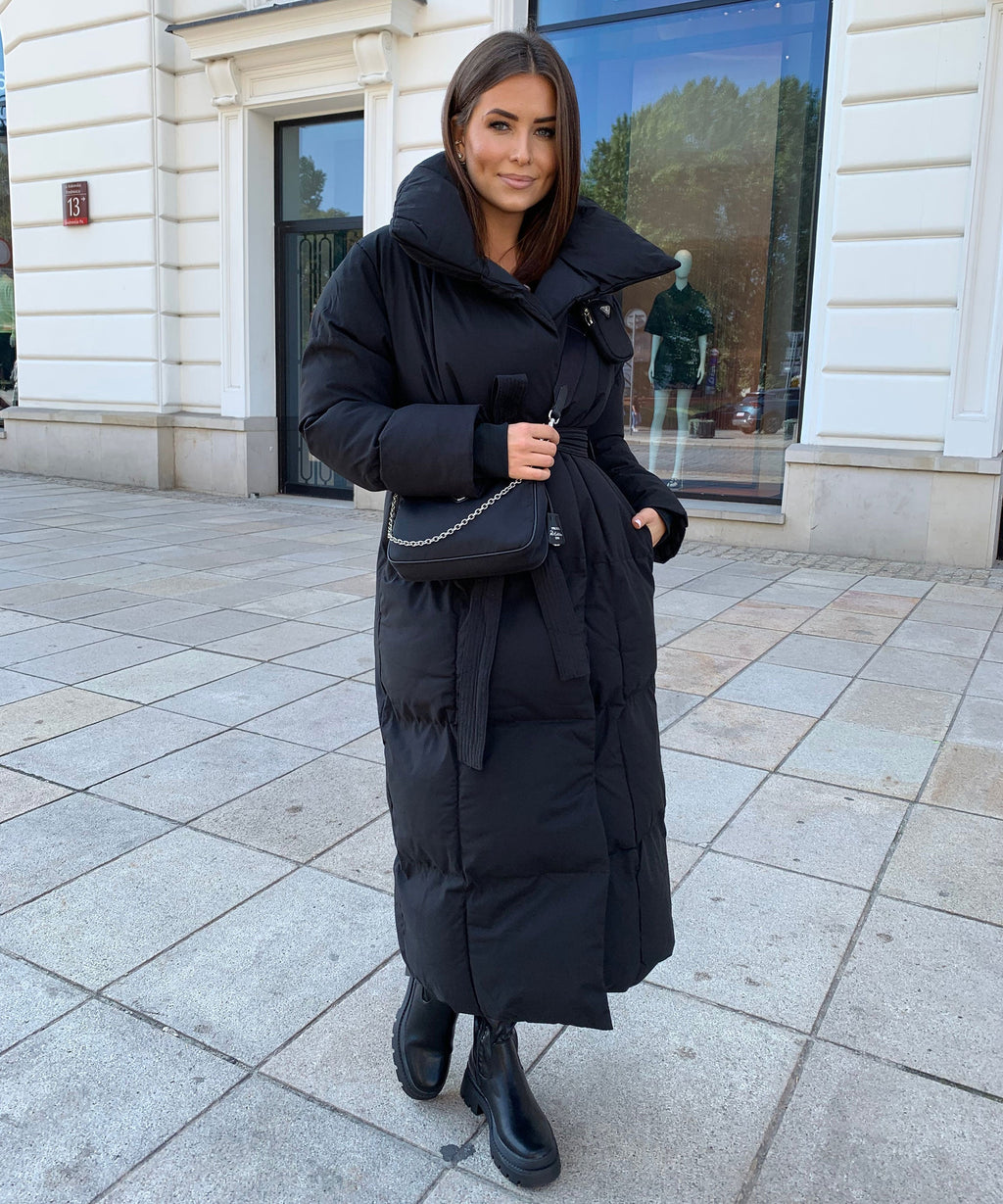 Longline Puffer Coat Black Quilted Belted Women's – Winter, Casual, Office, Holiday