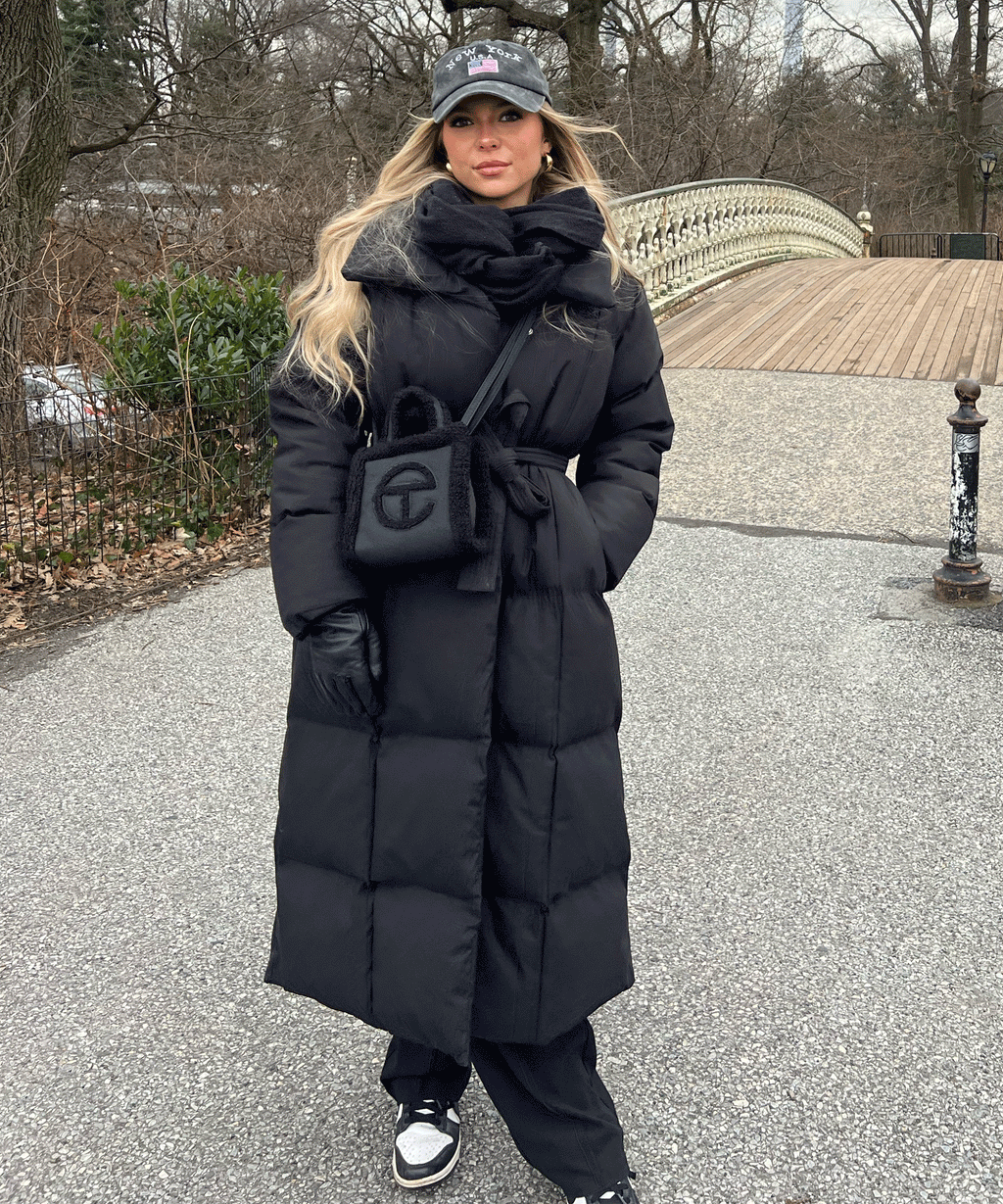 Longline Puffer Coat Black Quilted Belted Women's – Winter, Casual, Office, Holiday