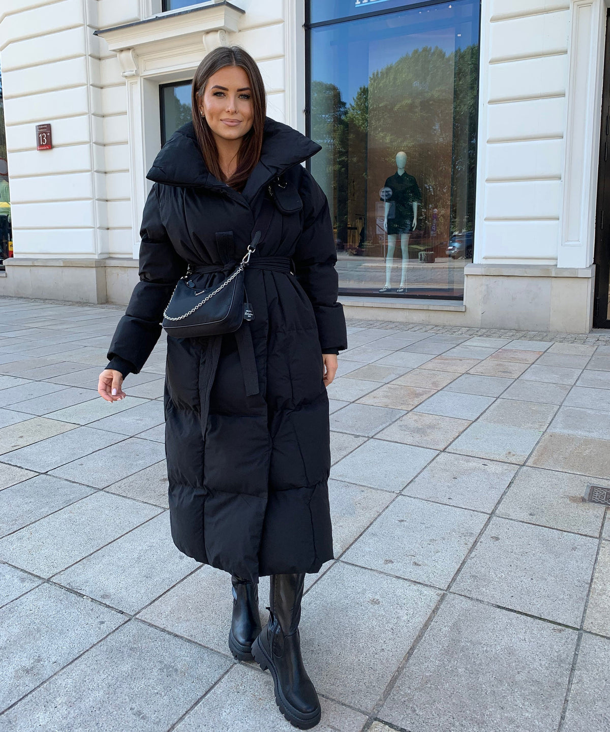 Longline Puffer Coat Black Quilted Belted Women's – Winter, Casual, Office, Holiday
