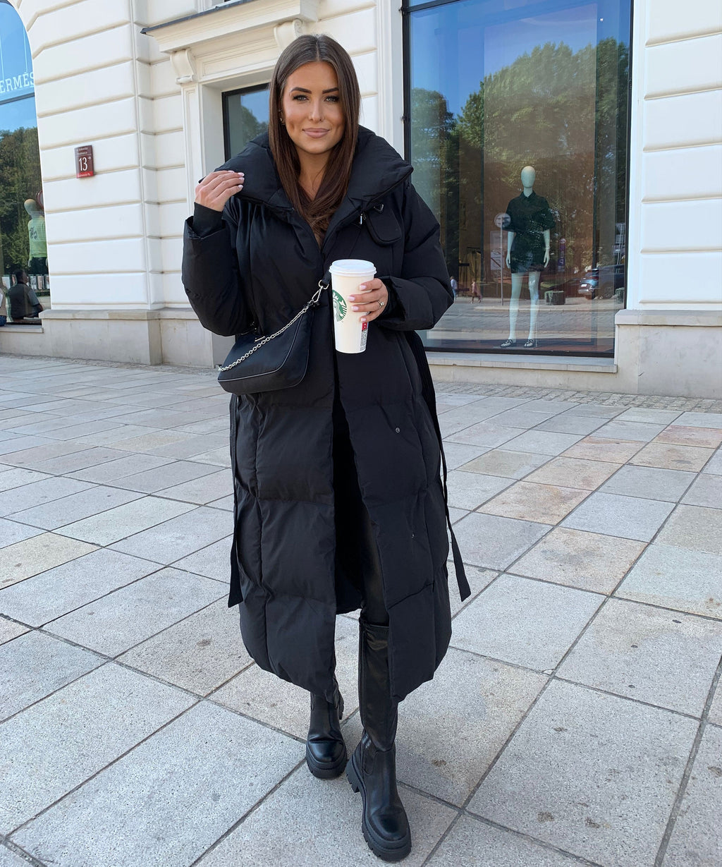Longline Puffer Coat Black Quilted Belted Women's – Winter, Casual, Office, Holiday