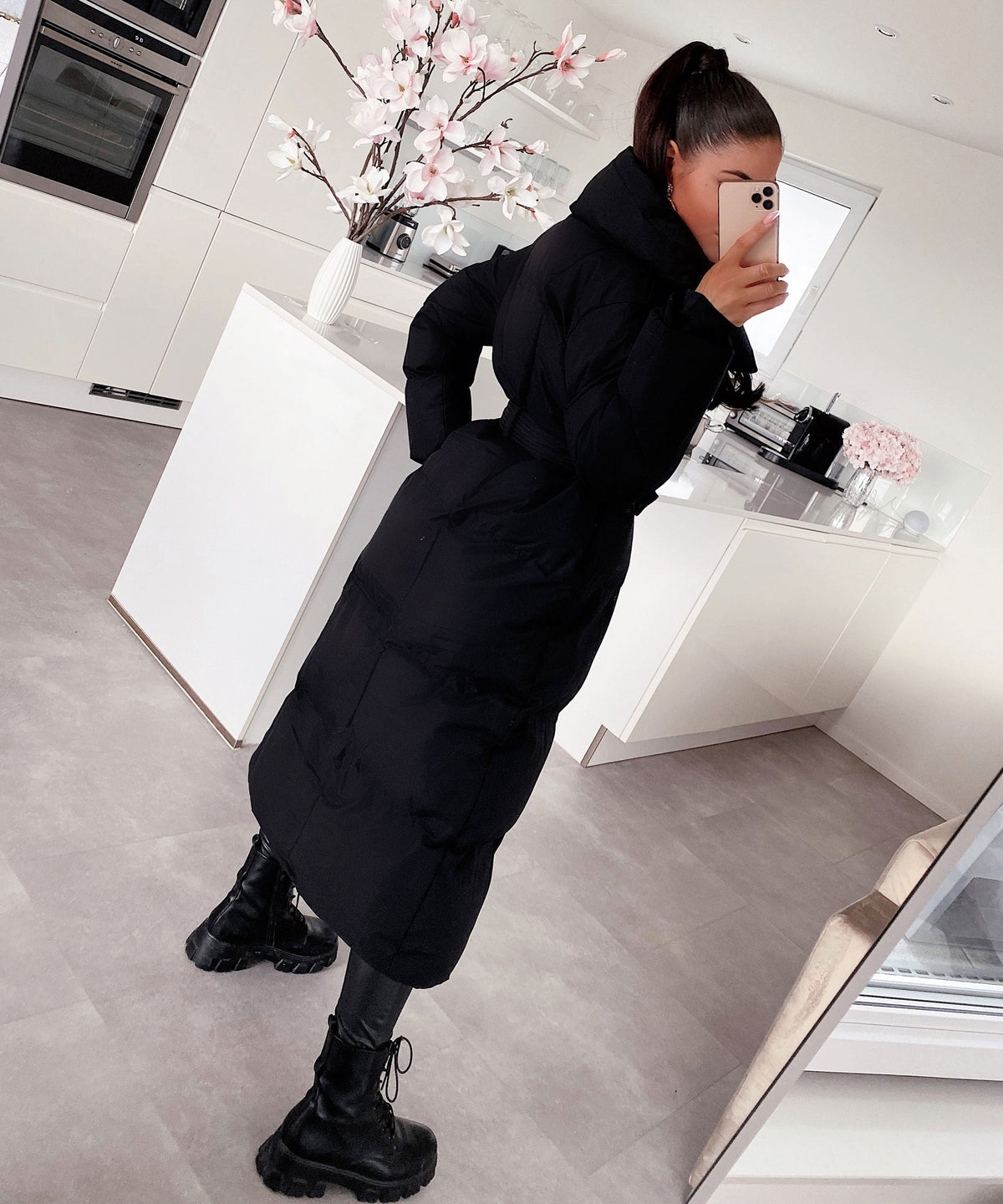 Longline Puffer Coat Black Quilted Belted Women's – Winter, Casual, Office, Holiday
