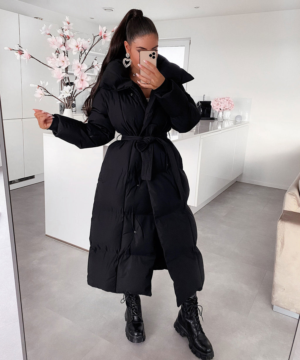 Longline Puffer Coat Black Quilted Belted Women's – Winter, Casual, Office, Holiday
