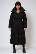 Longline Puffer Coat Black Quilted Belted Women's – Winter, Casual, Office, Holiday