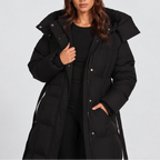 Longline Puffer Coat Hooded Belted Black Women's – Winter, Casual, Everyday, Gift